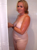 Blonde chubby wife taking a shower and then posing naked in the bedroom.